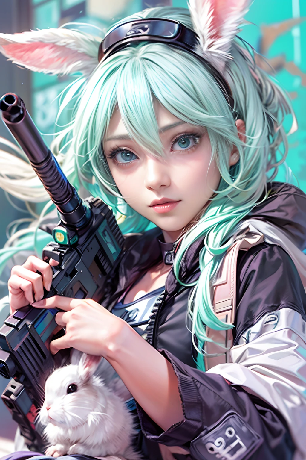 (tmasterpiece), (beste-Qualit), realisti, cinematiclight, ((Hinata from Naruto with a cute bunny, submachine gun)), cool pose, battlefield background, the perfect body, Cyan eyes, white colored hair