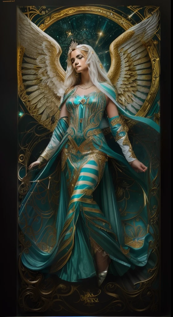 (((Holy GUARDIAN ANGEL. 19 years old))) ((( Con una cara seria y piadosa. Con una mirada dulce y tierna))) (obra maestra, calidad superior, mejor calidad, arte oficial, beautiful and aesthetic: 1.2), (1girl), extremadamente detallado, (Arte fractal: 1.3), colorido, highest detailed, Cara perfecta, parte superior del cuerpo, HDR, (orando: 1.3), (golden lines of white coat: 1.2), galaxia, (rayas de luz), eye-catching visuals, (dynamic stripes, senderos luminosos: 1.2), colores vibrantes,