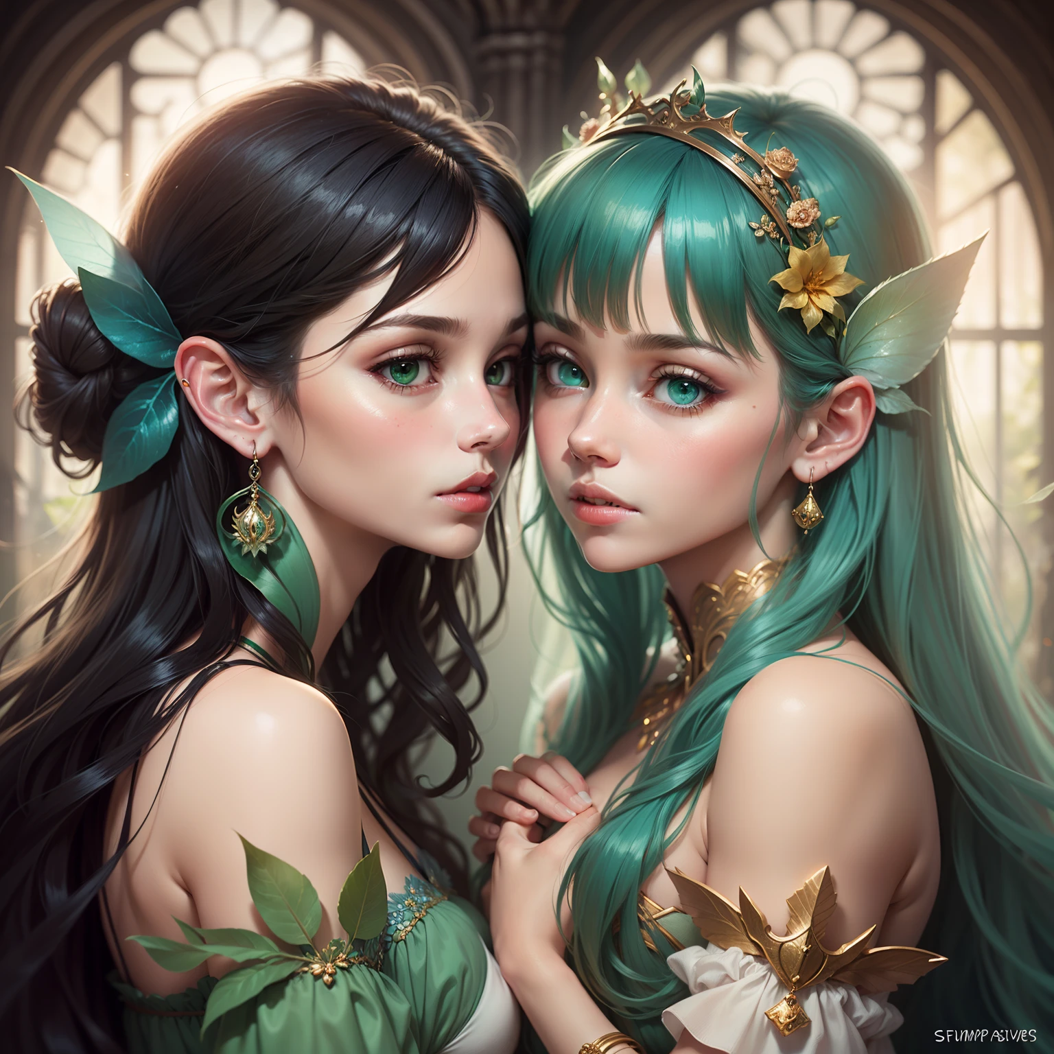 adesivo, fundo simples, portrait, 2 girls, couple, kissing, girl with long hair, beautiful fairy girl, fairy aesthetic, beautiful girl, very beautiful fantasy art, beautiful and elegant female fairy, beautiful detailed fantasy, green and blue color palate, green color-theme