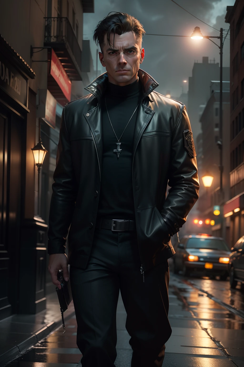 (master part,melhor qualidade: 1.2), Rosto ultra-detalhado, (cores silenciadas:1.2, Dark Studio, Rim lighting, dual-tone lighting, mal iluminado, discreto, ), ((tempo de chuva forte)),capa de chuva de couro comprido, A poster for a 1990s \(Estilo\), filme de detetive noir,(atmosfera noir:1), atmosfera sombria,rua da cidade noturna, emphasis on noir colors, Nova York nos anos 1990, and Detective Jack Sullivan has just returned to his office after a long day banging on the sidewalk, trying to solve the last case that had been thrown in his way. It was hard, And he wasn't any closer to finding his assailant than when he started,trending on ArtStation, trending in cgsociety, intrincado, High detail, Dramatic, Arte de pintura fotorrealista de Midjourney e Greg Rutkowski,