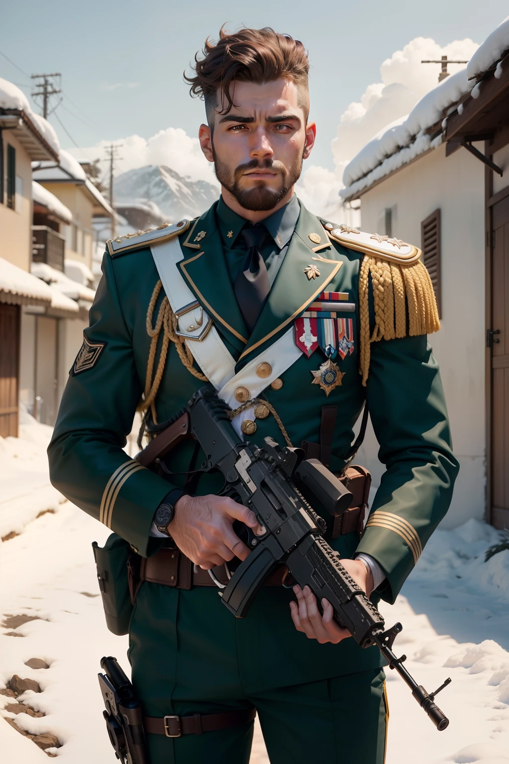 ((master part)), ((melhor qualidade)), ((alta resolução)), 1st grade, fuzil de assalto, homem, masculino, cabelo loiro, barba ruiva, Bullpup, dedo no gatilho, Luvas, arma, handgun, segurando arma, coldre, carabina m4, Foco masculino, Pistola, rifle, espingarda, Snow scenery realistic, neve, sozinho, submetralhadora, ultrarrealista, realista, disciplina de gatilho, arma, olhos castanhos detalhados, action: postura de luta, face expression: determinado, colete de assalto branco, traje militar branco detalhado