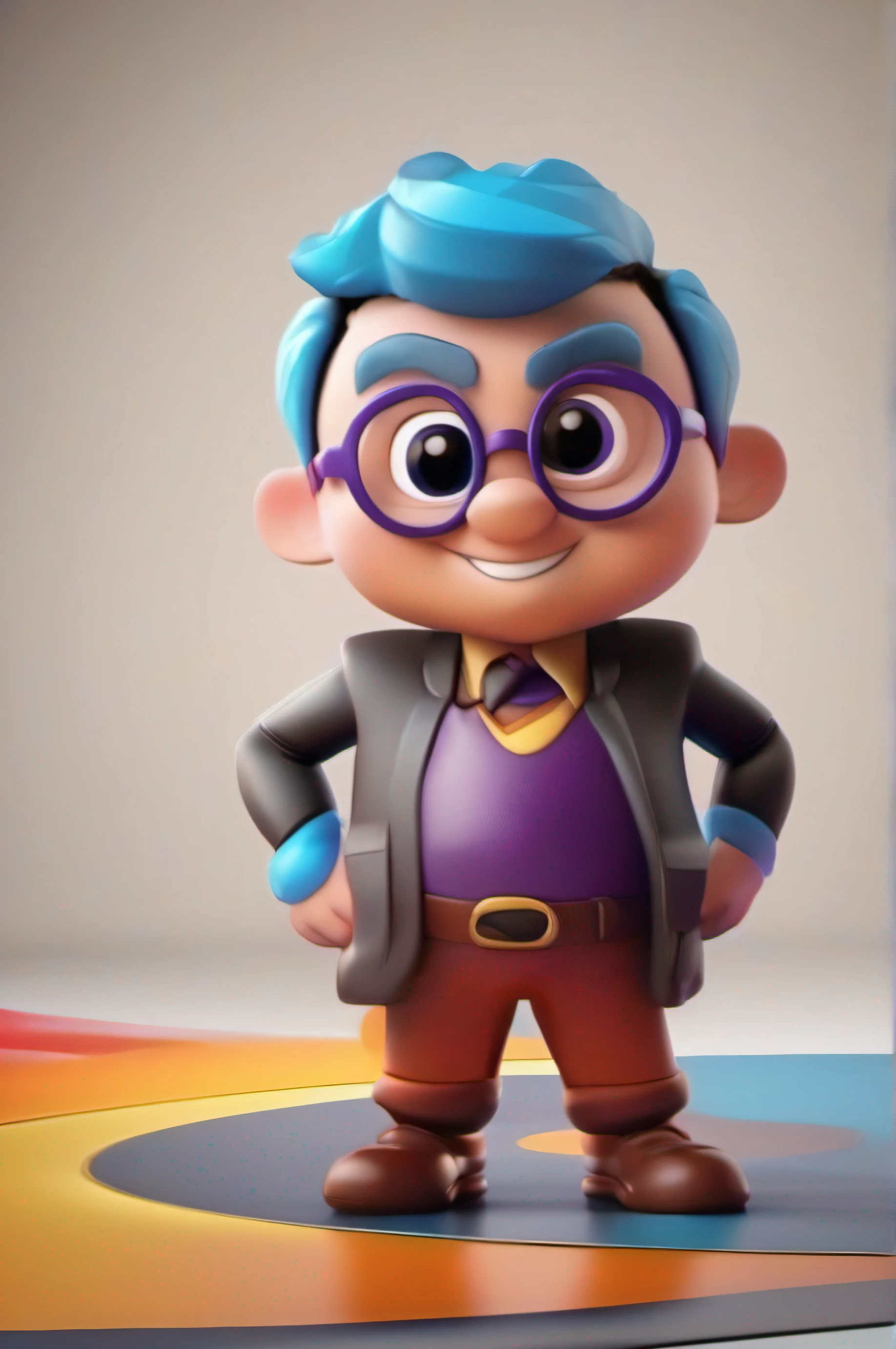 Character 3D Cartoon Pixar Man Looking at Camera and Smiling Confident. minimalista, majo, chibi, azul ou roxo, genie, nerd, designer, simples