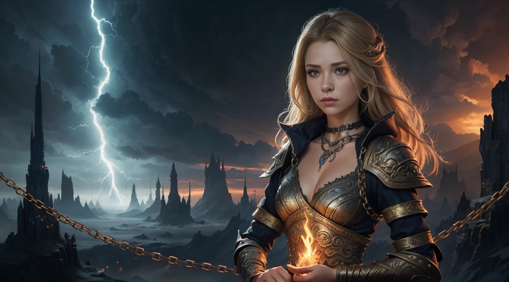 Blonde woman with chains and chains around her neck and chest, epic fantasy art style, melhor arte de fanart, arte de estilo de fantasia escura, epic fantasy art portrait, Style of Art Digital of Epic Fantasy, Exquisite Epic Character Art, estilo de arte de fantasia, deviantart artstation cgscosiety, arte de fantasia 4k, arte de fantasia realista, Epic Fantasy Art Style HD, arte de fantasia hiperrealista, Backdrop with flames and lightning