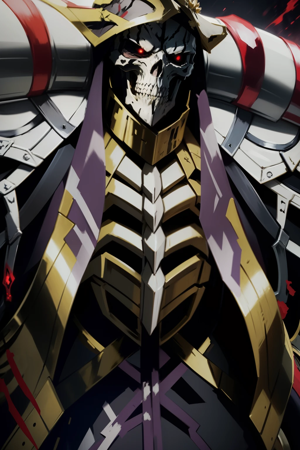 Anime warrior_standing_on_a_bloody_field, corpses, detailed, ainz, dark_suspenseful, use_the_colors_and the design form the anime Overlord,skeleton,  Skeleton hands, detailed, skull_face, full_body,