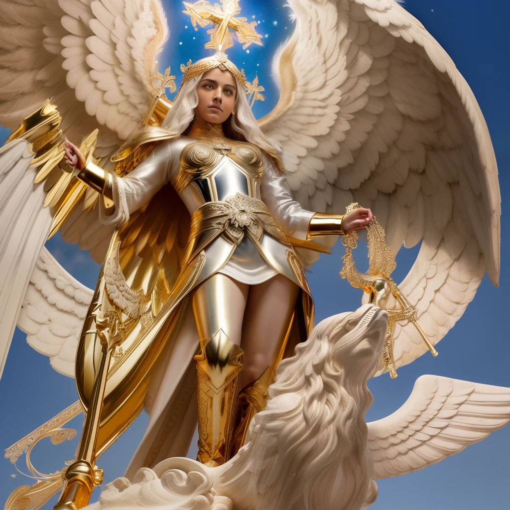 (((Holy GUARDIAN ANGEL. 19 years old))) ((( Con una cara seria y piadosa. Con una mirada dulce y tierna))) (obra maestra, calidad superior, mejor calidad, arte oficial, beautiful and aesthetic: 1.2), (1girl), extremadamente detallado, (Arte fractal: 1.3), colorido, highest detailed, Cara perfecta, parte superior del cuerpo, HDR, (orando: 1.3), (golden lines of white coat: 1.2), galaxia, (rayas de luz), eye-catching visuals, (dynamic stripes, senderos luminosos: 1.2), colores vibrantes,