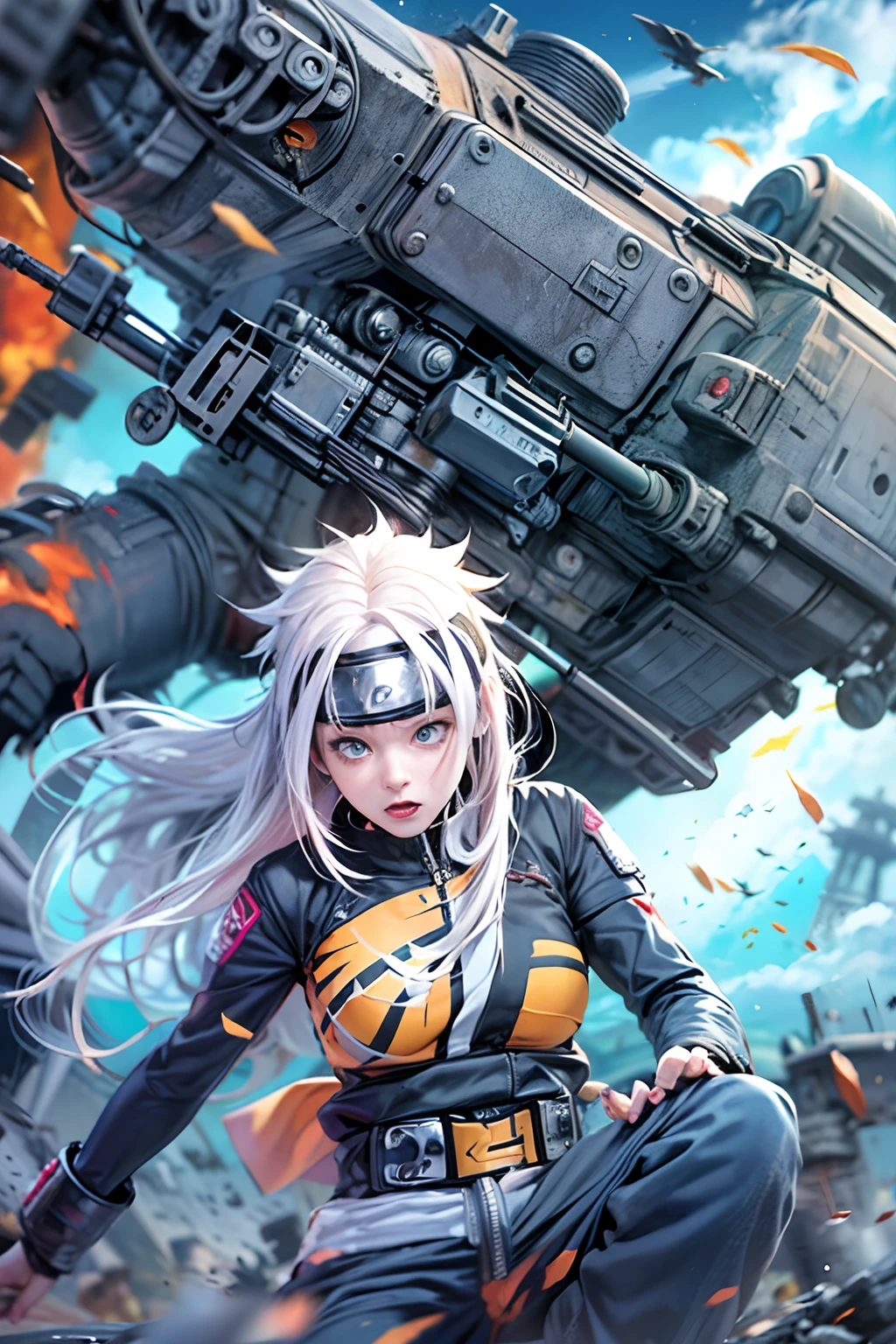 (tmasterpiece), (beste-Qualit), realisti, cinematiclight, (((Hinata's girlfriend Naruto is mad at the machine gun))), attack pose, battlefield background, the perfect body, Cyan eyes, white colored hair