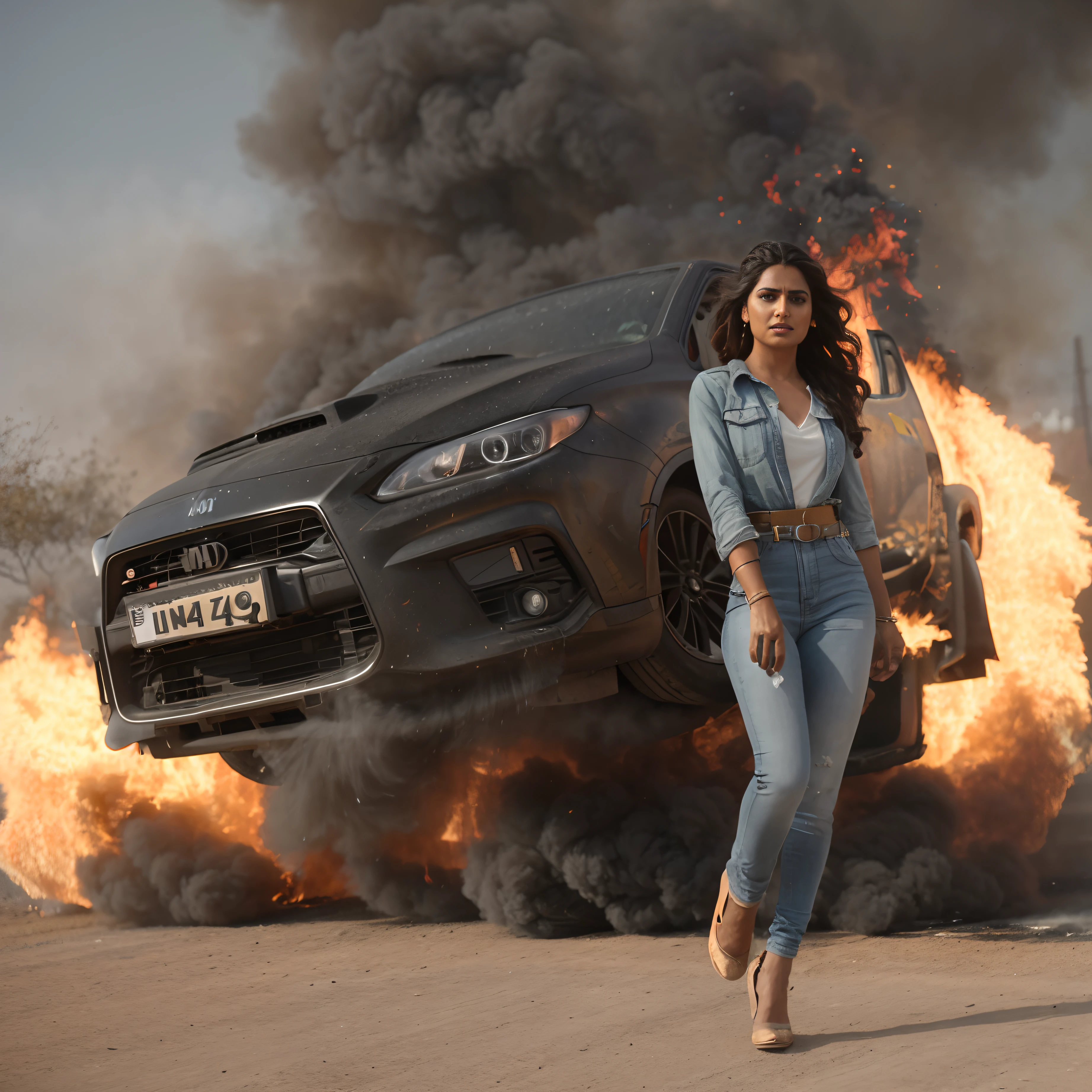 beautiful indian face, realistic glowing skin, amazing shiny hair, woman in yellow dress walking away from a burning truck, burning scene in the background, fire, action movie still, shot from movie, production still, shot on sony a 7 iii, cinematic shoot, vehicles on fire, promotional movie still, cover shot, movie action still frame, on fire, shot on nikon z9, 8 k movie still, vfx shot