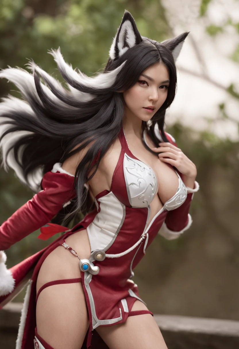 ((Ahri de League of Legends, Ultra realista)), (((corpo inteiro))), ((perfect hands)), with several white tails attached at the height of the tailbone, tres risco vermelhos e cada bochechas abaixo dos olhos, Usando a Arma Samurai, fundo antigo, elegante, gray and black smoke, atordoante, hyper realistic, octan render, surrounded by the effect of smoke and lightning, Estilo League of Legends, fundo antigo, elegante, deslumbrante, (papel de parede), arte conceitual, detalhes intrincados, altamente detalhado, ((cinemactic)), Dramatic, (mais alta qualidade, Concedido, obra-prima:1.5), (fotorrealista:1.5), fotografia, Realistic photo, Nikon, Luz Natural, 4k, highes definition, XF IQ4, 150MP, 50 millimeters, ISO 1000 Certification, 1/Anos 250, Luz Natural, Adobe Lightroom, photolab, Photographic Affinity, PhotoDirector 365,