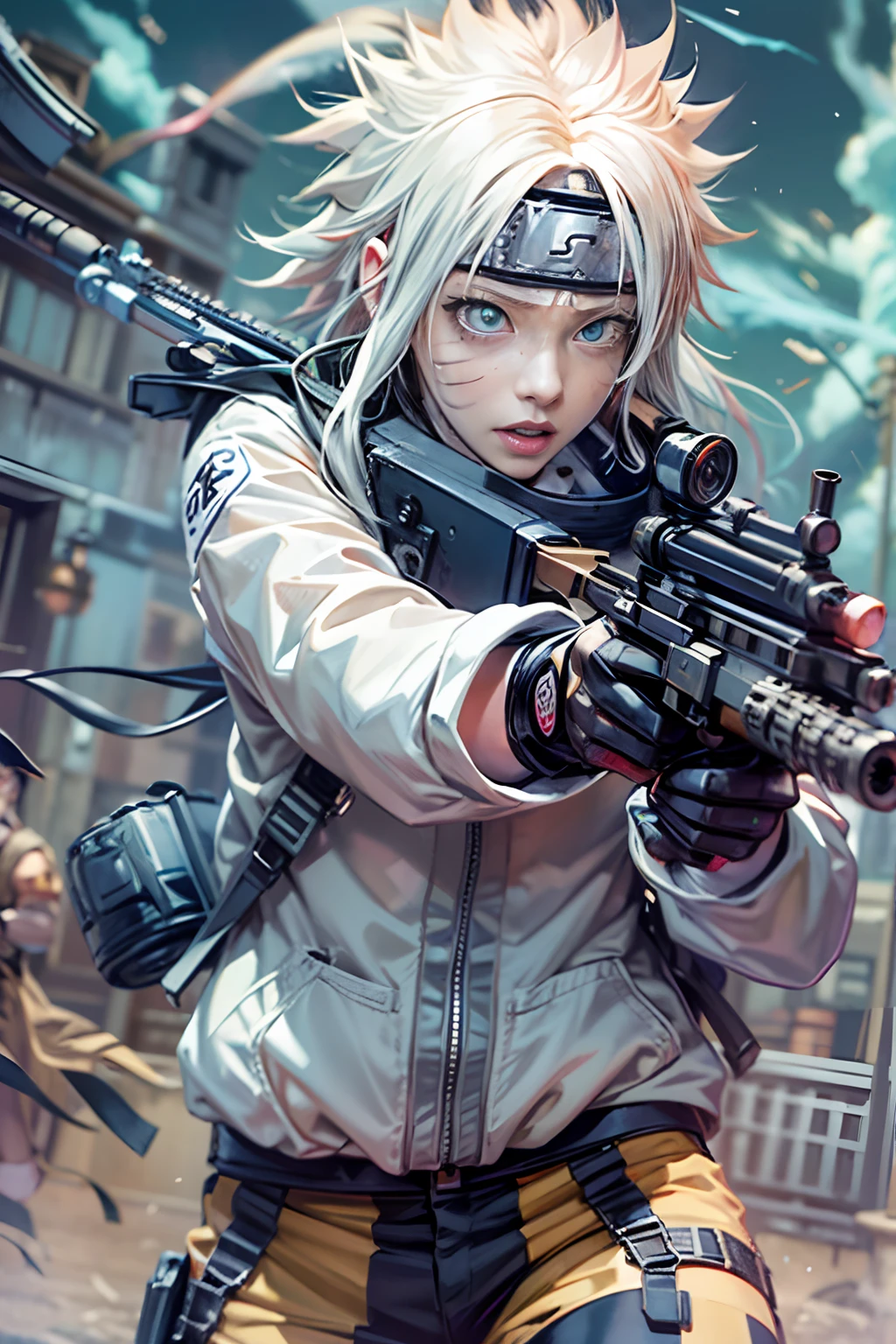 (tmasterpiece), (beste-Qualit), realisti, cinematiclight, (((Hinata's girlfriend Naruto is mad at the machine gun))),  attack pose, battlefield background, the perfect body, Cyan eyes, white colored hair