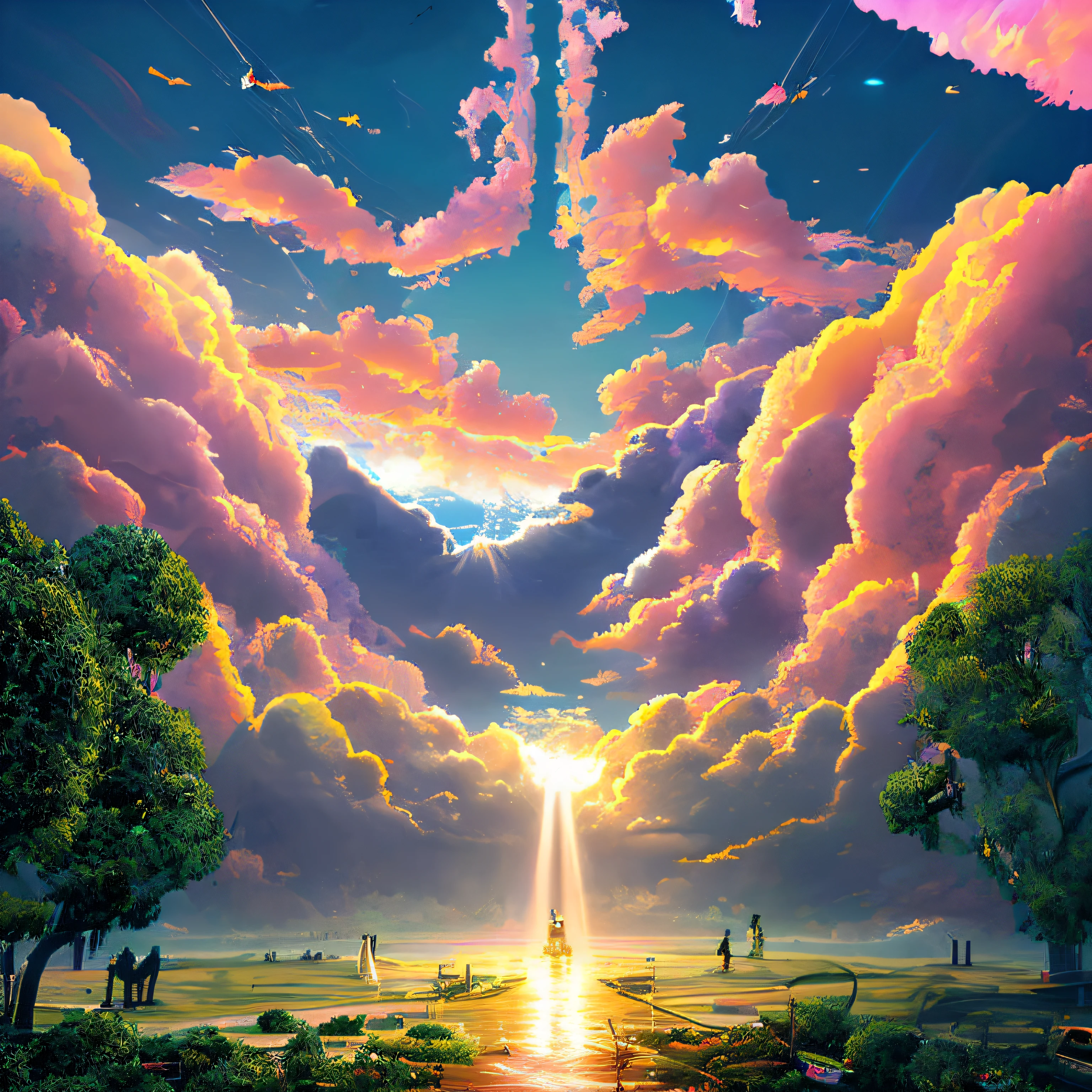 Heaven if it were cyberpunk, volumetric, neon, clouds, bright lights, angelic, beautiful scenery