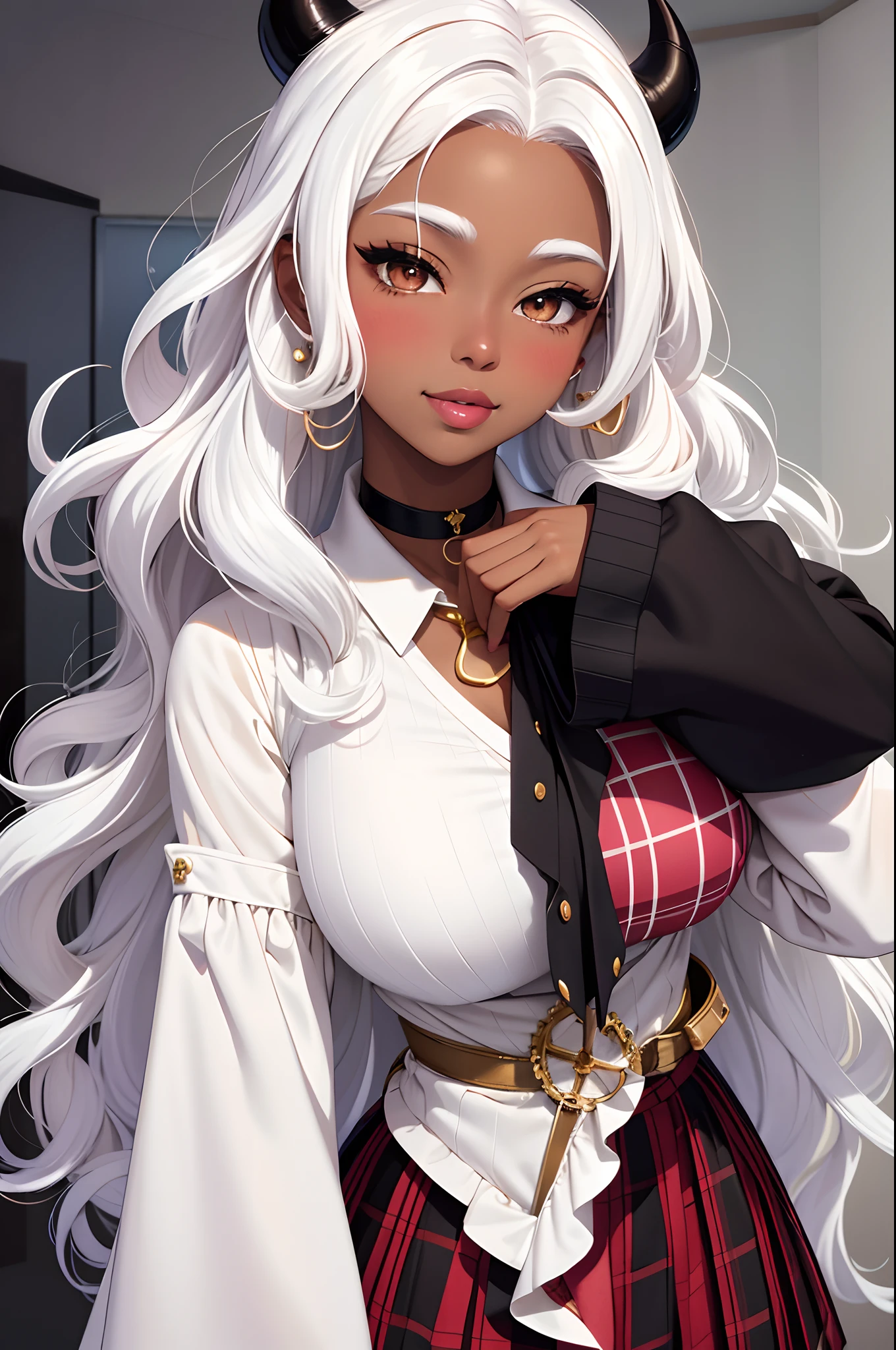 (best quality:1.1), (masterpiece:1.4), (absurdres:1.0), portrait, 1girl, (voluminous hair)+ , ((curly hair))++, long hair, ((dark skin))++, (((white hair))), (gold eyes), long hair, medium breasts, (blush:1.2), smile, (big lips)+, (juicy lips)+, (blush), vibrant colors, eyeliner, lipgloss, blush, sidelocks, (black horns), black choker, white shirt, brown cardigan, sleeves past fingers, plaid skirt