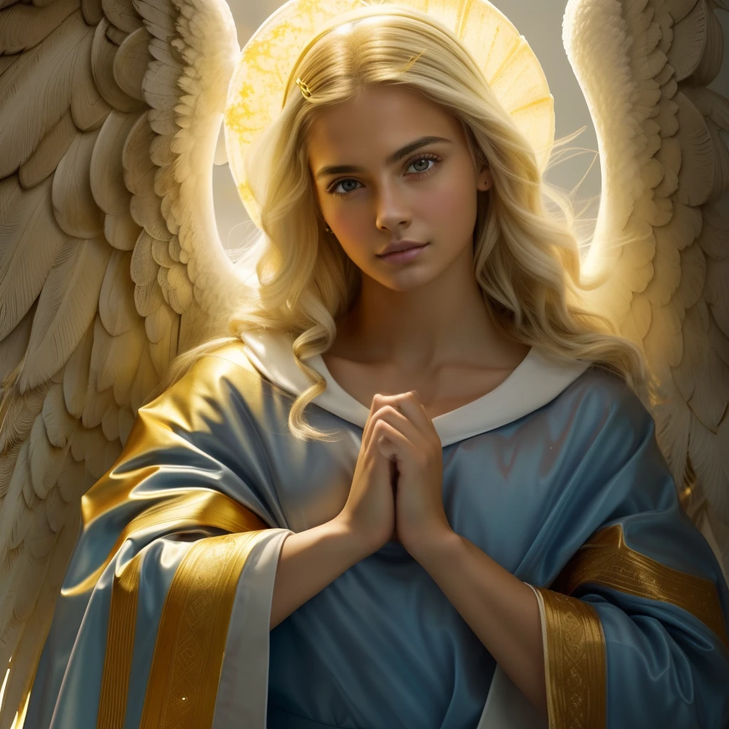 (((Holy GUARDIAN ANGEL. 19 years old))) ((( Con una cara seria y piadosa. Con una mirada dulce y tierna))) (obra maestra, calidad superior, mejor calidad, arte oficial, beautiful and aesthetic: 1.2), (1girl), extremadamente detallado, (Arte fractal: 1.3), colorido, highest detailed, Cara perfecta, parte superior del cuerpo, HDR, (orando: 1.3), (golden lines of white coat: 1.2), galaxia, (rayas de luz), eye-catching visuals, (dynamic stripes, senderos luminosos: 1.2), colores vibrantes,