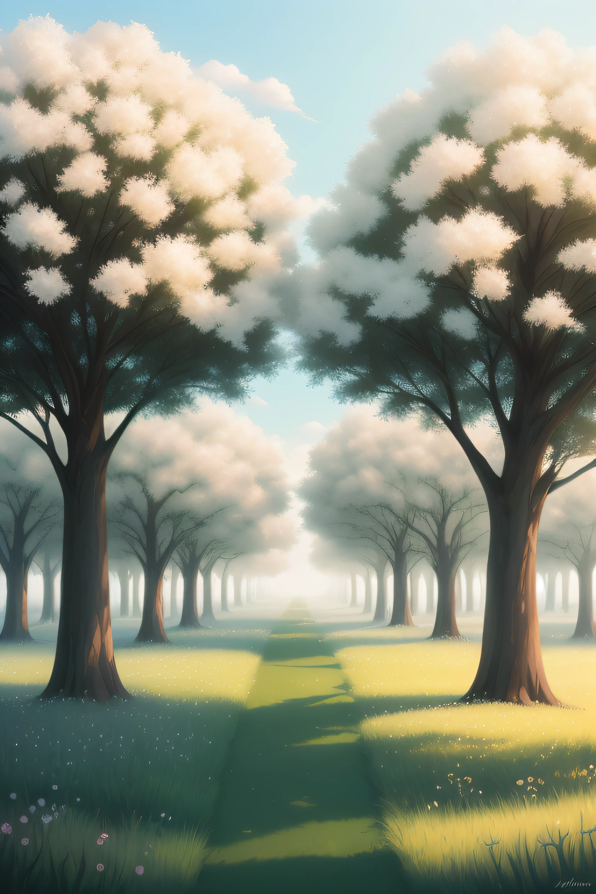There are many trees that are in the grass near each other, Arte de fundo, blossoming path to heaven, symmetrical fantasy landscape, scenery artwork, brazi. pintura fosca, arte de fundo, arte de fundo do anime, inspirado em Gediminas Pranckevicius, Makoto Shinkai e Tom Bagshaw, random background scene, whimsical fantasy landscape art, concept piece