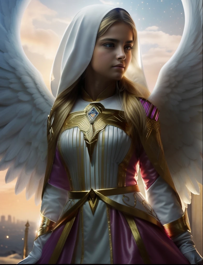 (((Holy GUARDIAN ANGEL. 19 years old))) ((( Con una cara seria y piadosa. Con una mirada dulce y tierna))) (obra maestra, calidad superior, mejor calidad, arte oficial, beautiful and aesthetic: 1.2), (1girl), extremadamente detallado, (Arte fractal: 1.3), colorido, highest detailed, Cara perfecta, parte superior del cuerpo, HDR, (orando: 1.3), (golden lines of white coat: 1.2), galaxia, (rayas de luz), eye-catching visuals, (dynamic stripes, senderos luminosos: 1.2), colores vibrantes,