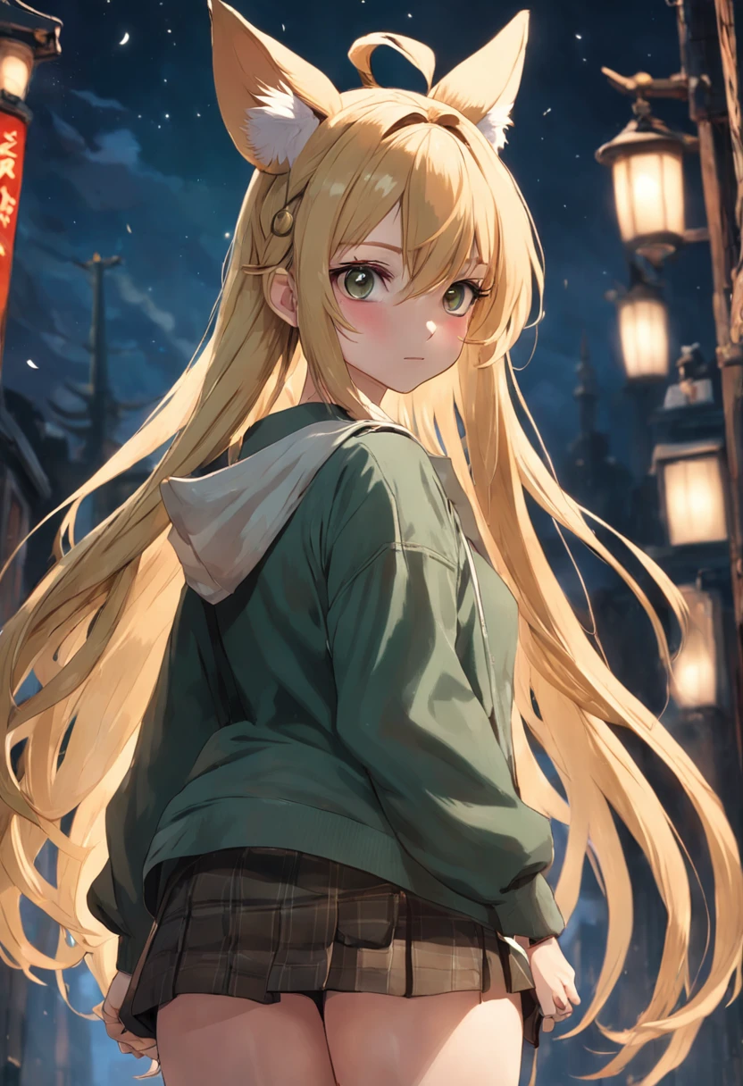 Side view, Miniform perspective, Sharp Shot, Professional Photogarphe, 70mm lens, Detail Love, good quality, unreal enginee 5, wall-paper, pockets, Highly detailed, 8K, Soft light, Fantasy, photos realistic、(European Girl、Golden hair、eye glass、)、(Fox Hat、Green Chicolle、White blouse、Plaid high-waisted skirt、garter stocking、Long braided boots)、(Full Moon Night、Dance happily in the forest)、Cute Girl Model Pictures、European Girl、Photorealistic perfect body