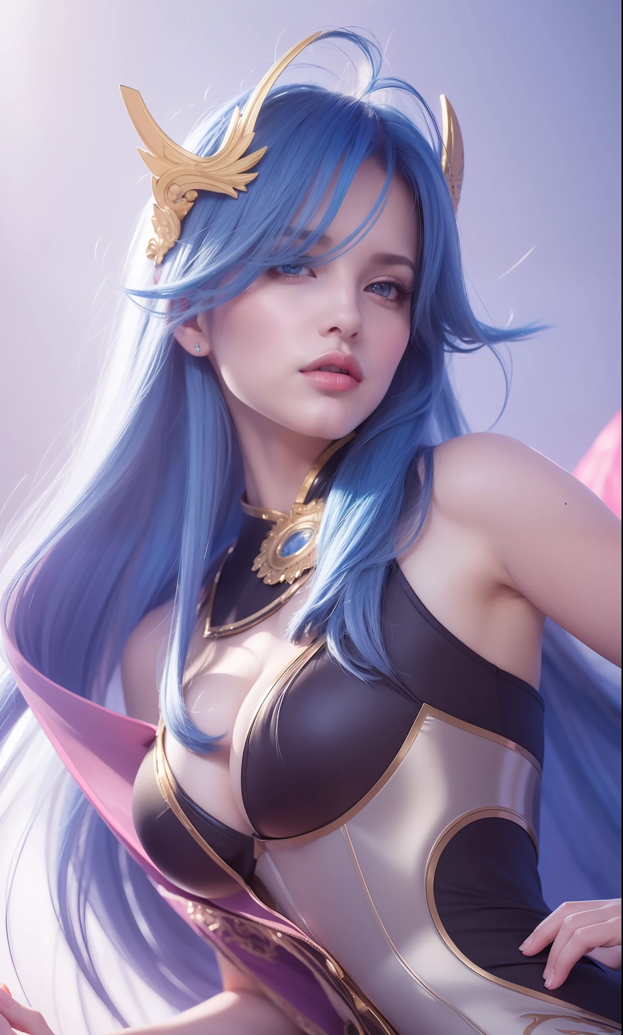 (Best Quality, 8k, 32k, Masterpiece, UHD:1.2), 1 Girl, (Tall Women), (Abs), (Lips), Closed Mouth, Realistic Rays, blue hair, blue eye, red lips, beautiful lips, cute lips, extremely detailed, perfect body, ultra face detailed, beautiful eyes, best quiality, thin lips, bitchy face, pink lips