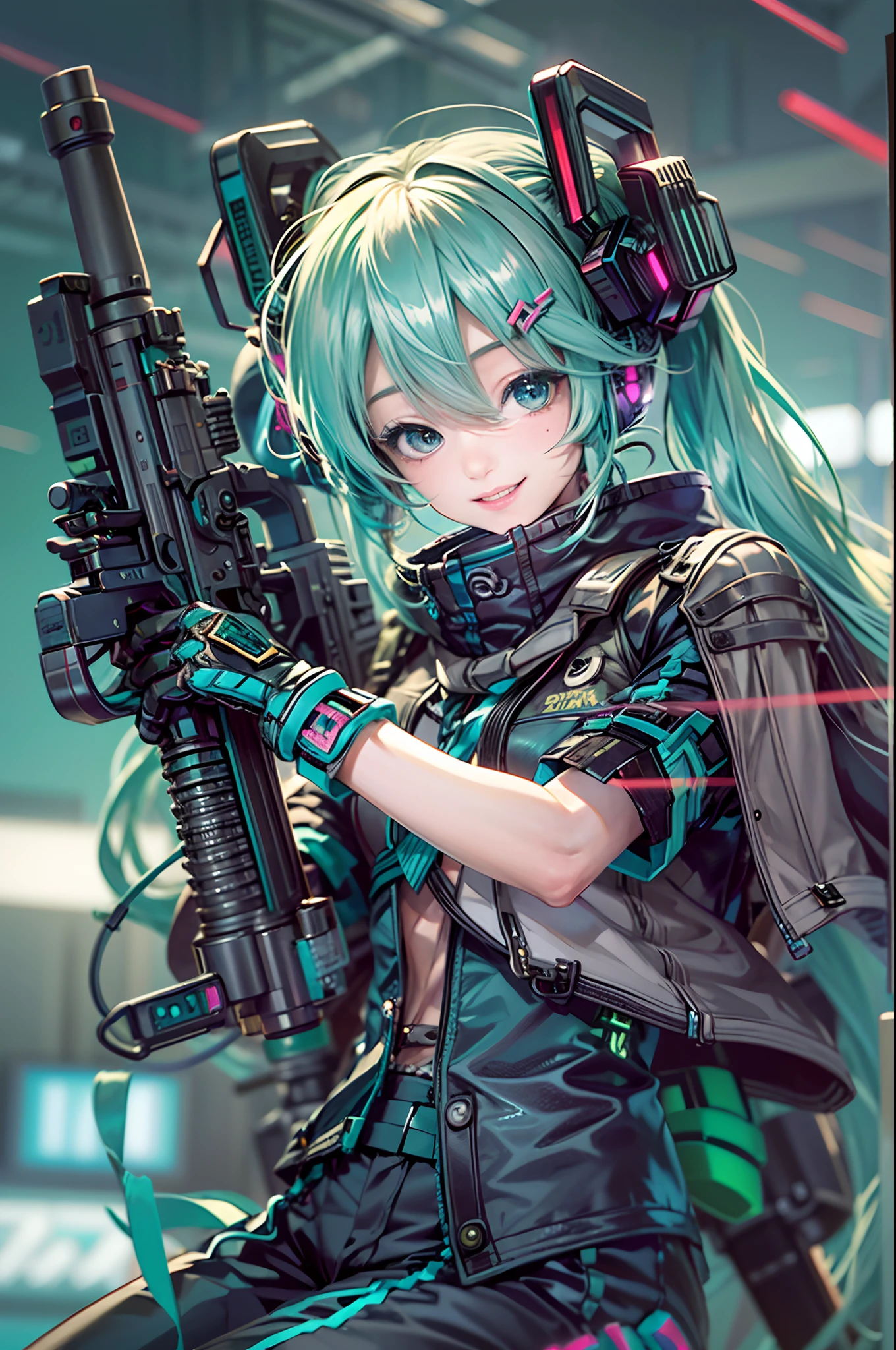Photorealsitic, hight resolution, 1 rapariga, Korea person, Heterochromia eyes, small moles under eyes,(tmasterpiece), (top-quality), realisticlying, ciinematic light, ((Hatsune Miku smiling with a machine gun)), Posing with sexual overtones, Battlefield Background, the perfect body, green colored eyes, green colored hair