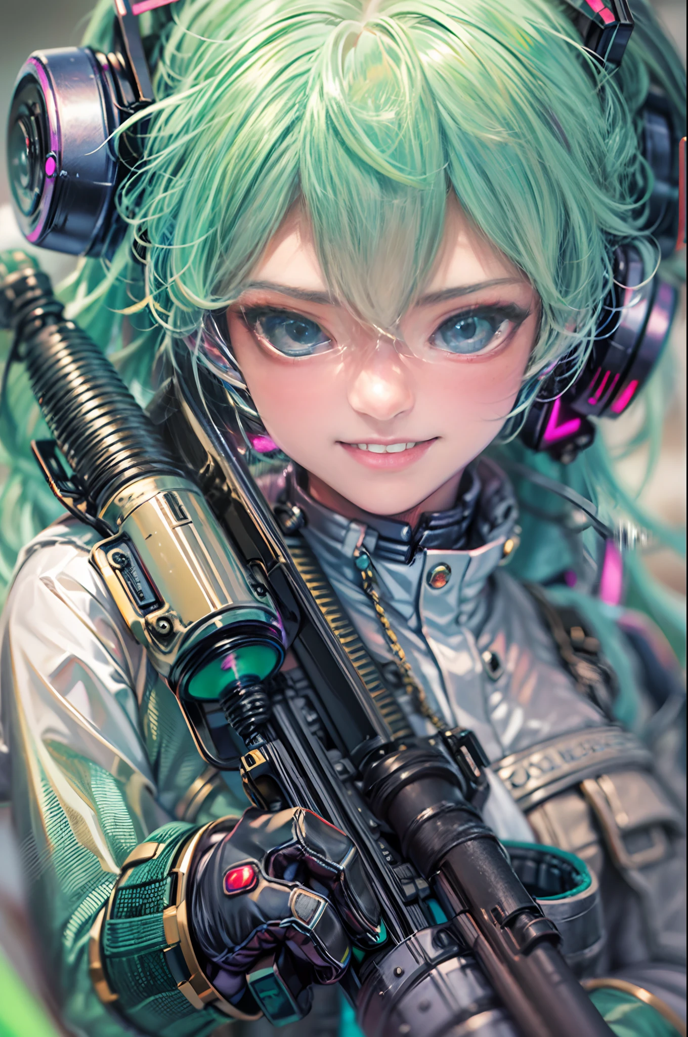 Photorealsitic, hight resolution, 1 rapariga, Korea person, Heterochromia eyes, small moles under eyes,(tmasterpiece), (top-quality), realisticlying, ciinematic light, ((Hatsune Miku smiling with a machine gun)), Posing with sexual overtones, Battlefield Background, the perfect body, green colored eyes, green colored hair