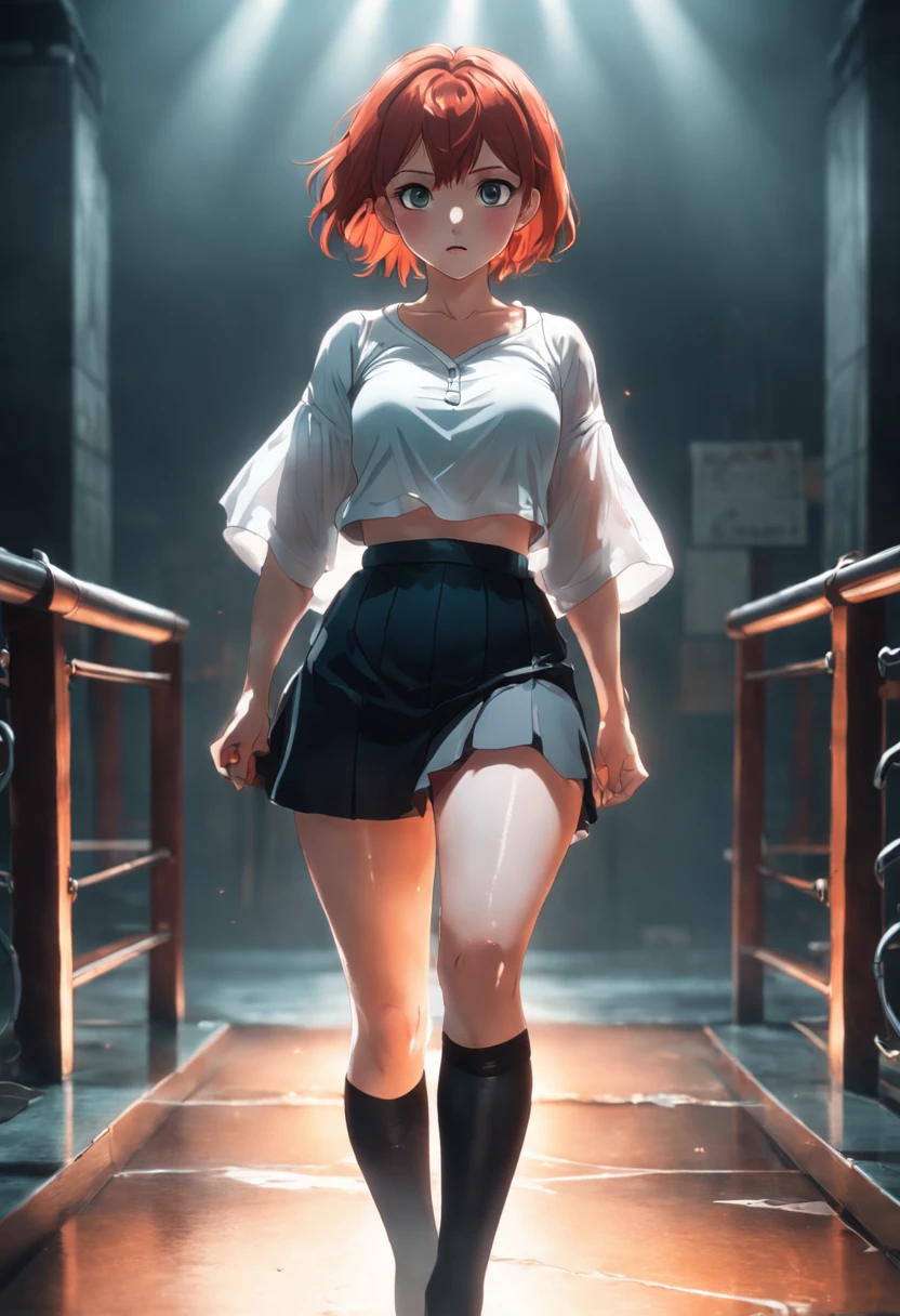 caucasian woman 40 years old, red hair, black skirt, white crop top, see through shirt, full body, knee socks, cleavage, Cinematic film still, analog style, RAW photo, hyper real photo, ultrarealistic uhd faces, 8k uhd, dslr, soft lighting, high quality, film grain, Fujifilm XT3, photographed on a Plaubel Makina W67 Camera, 50mm lens, F/2. 8, HDR, hyper-realistic, colorgraded, volumetric lighting, volumetric fog, moist, shallow depth of field, reflections, absurdres, fashion shot, psychedelic, Nintendo Game Boy Color palette, iso noise