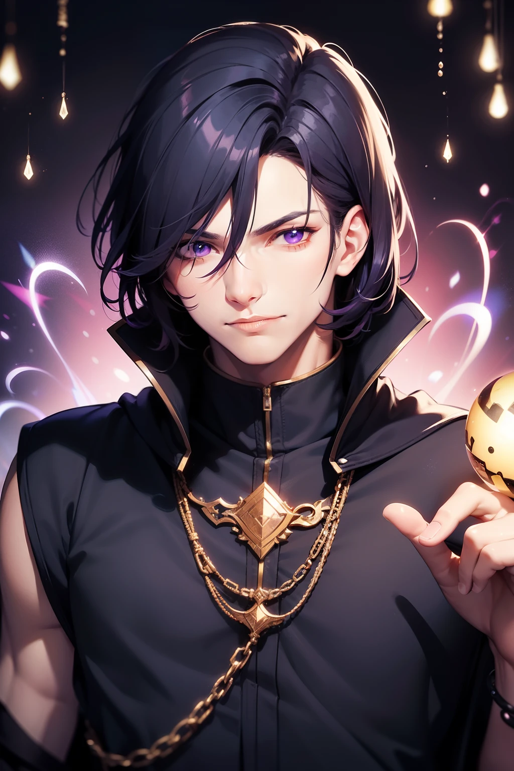 1 male, trickster, medium straight hair, dark blue hair color, light brown skin, square jaw, smirking wide, purple eyes, neat hair, loose hairstyle, skinny body, grey shirt, black vest, portrait, rogue clothing, dark cloak, purple fire orb