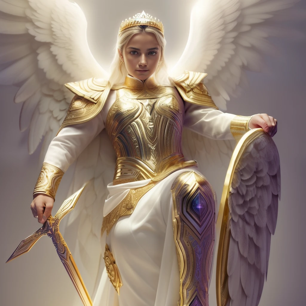 (((Holy GUARDIAN ANGEL. 19 years old))) ((( Con una cara seria y piadosa. Con una mirada dulce y tierna))) (obra maestra, calidad superior, mejor calidad, arte oficial, beautiful and aesthetic: 1.2), (1girl), extremadamente detallado, (Arte fractal: 1.3), colorido, highest detailed, Cara perfecta, parte superior del cuerpo, HDR, (orando: 1.3), (golden lines of white coat: 1.2), galaxia, (rayas de luz), eye-catching visuals, (dynamic stripes, senderos luminosos: 1.2), colores vibrantes,