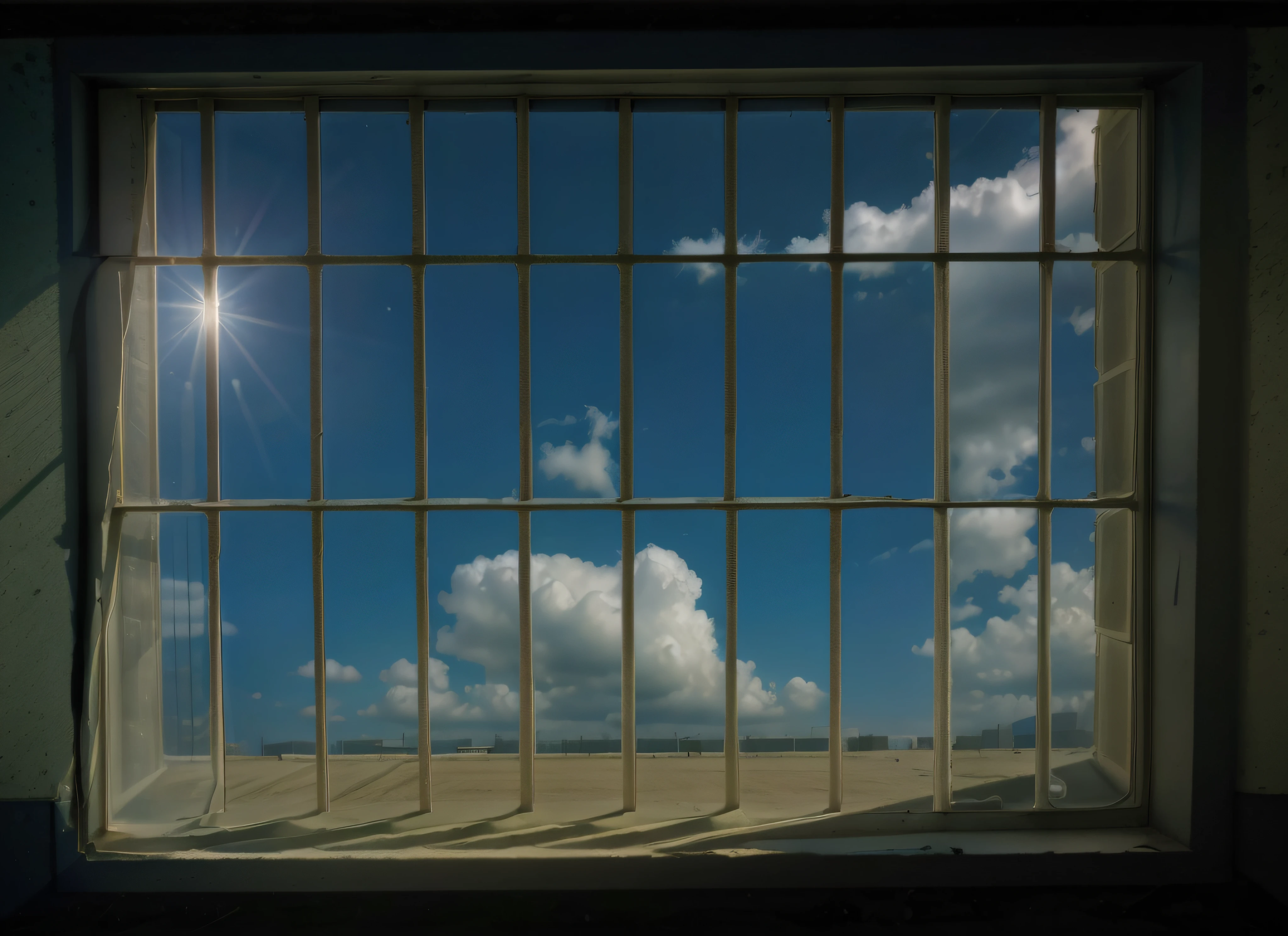 a view of a window with bars and a SUNNY sky, prison bars, prison, cell bars, in a prison cell, behind bars, jail, prison background, in jail, prison cell, in prison, bars on the windows, sitting in a prison, open window ib background, stood in a cell, prisoner, in a small prison cell, natural prison light (((ultra wide angle)))