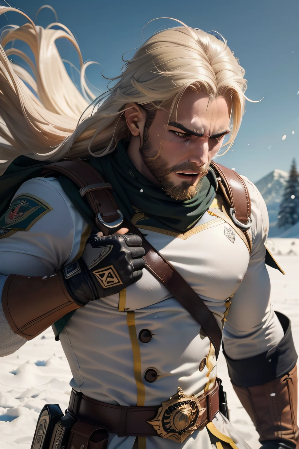 ((master part)), ((melhor qualidade)), ((alta resolução)), , homem, masculino, blonde hair, barba volumosa definida, Bullpup, Luvas, coldre com arma, Foco masculino, Snow scenery realistic, neve, sozinho, ultrarrealista, realista, Detailed brown eyes well visible, action: postura de luta, face expression: determinado, traje militar de combate branco, imagem mais aproximada do peitoral para cima
