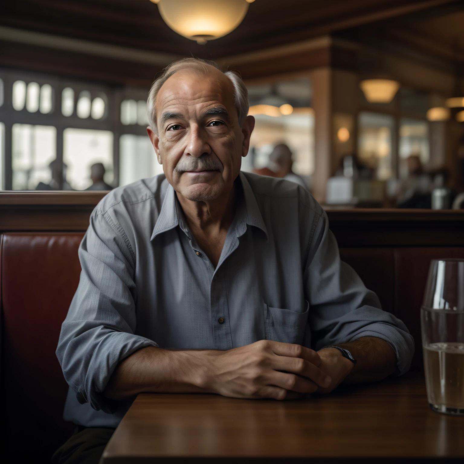 Older man sitting at a table in a restaurant with a glass of water, cinematic portrayal, Cinematic realistic portrait, foto retrato realista, O olhar de um idoso, Directed by: Ludwik Konarzewski, retrato de alta qualidade, foto do retrato de um homem velho, Retrato tirado 8 K, retrato da vida real, color photograph portrait 4k, retrato detalhado, foto de retrato detalhada