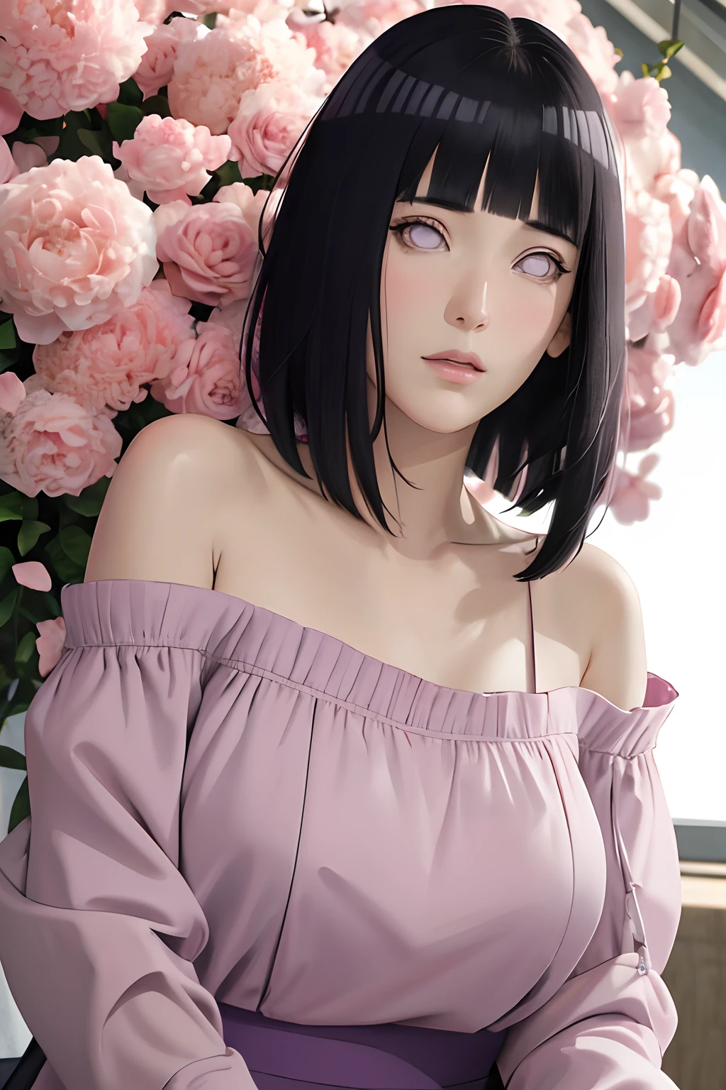 masterpiece, absurdres, hinata\(boruto\), 1girl, solo,mature female, off-shoulder oversized shirt, looking at viewer, (falling petals), perfect composition, detailed lips, big breast, beautiful face, body propotion, blush, (pink lips), long hair, purple eyes, soft gaze, super realistic, detailed, photoshoot, realistic face and body, from below,