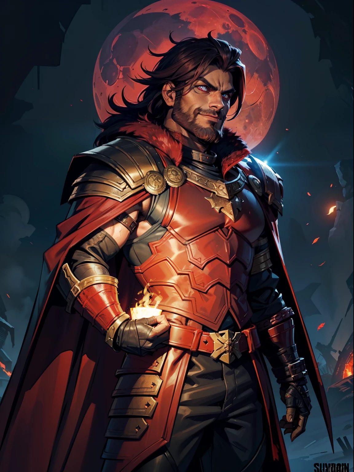 Dark night blood moon background, Darkest Dungeon style, game portrait. Sadurang from Marvel, hunk, buffed physics, short mane hair, mullet, defined face, detailed eyes, short beard, glowing red eyes, dark hair, wily smile, badass, dangerous. Wearing full armor with red dragon scales, cape of furs. Breath fire.