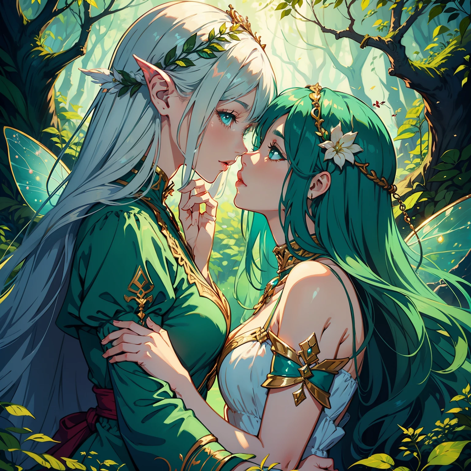 adesivo, fundo simples, portrait, 2 girls, couple, kissing, girl with long hair, beautiful fairy girl, fairy aesthetic, beautiful girl, very beautiful fantasy art, beautiful and elegant female fairy, beautiful detailed fantasy, green and blue color palate, green color-theme