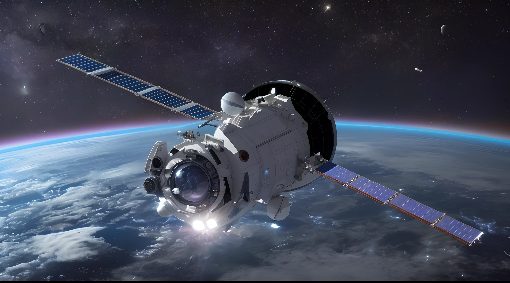 A closeup of a space station in the middle of the Earth, spaceship in space, spaceship in space, Space station isolated in space, space photo, space photo, background space station, space satellites, small spacecraft in background, orbiting space ships, volumetry spread across space, Planet Afar Space Station, space station, Uma colagem de viagens espaciais