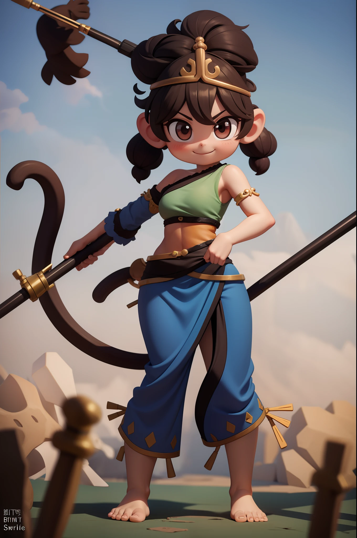 , son biten, breast, monkey girl,smile, full body, holding (battle staff), standing