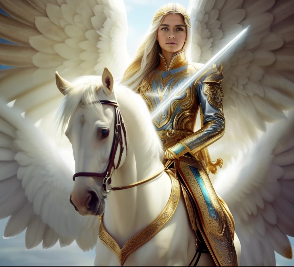 (((Holy GUARDIAN ANGEL. 19 years old))) ((( Con una cara seria y piadosa. Con una mirada dulce y tierna))) (obra maestra, calidad superior, mejor calidad, arte oficial, beautiful and aesthetic: 1.2), (1girl), extremadamente detallado, (Arte fractal: 1.3), colorido, highest detailed, Cara perfecta, parte superior del cuerpo, HDR, (orando: 1.3), (golden lines of white coat: 1.2), galaxia, (rayas de luz), eye-catching visuals, (dynamic stripes, senderos luminosos: 1.2), colores vibrantes,