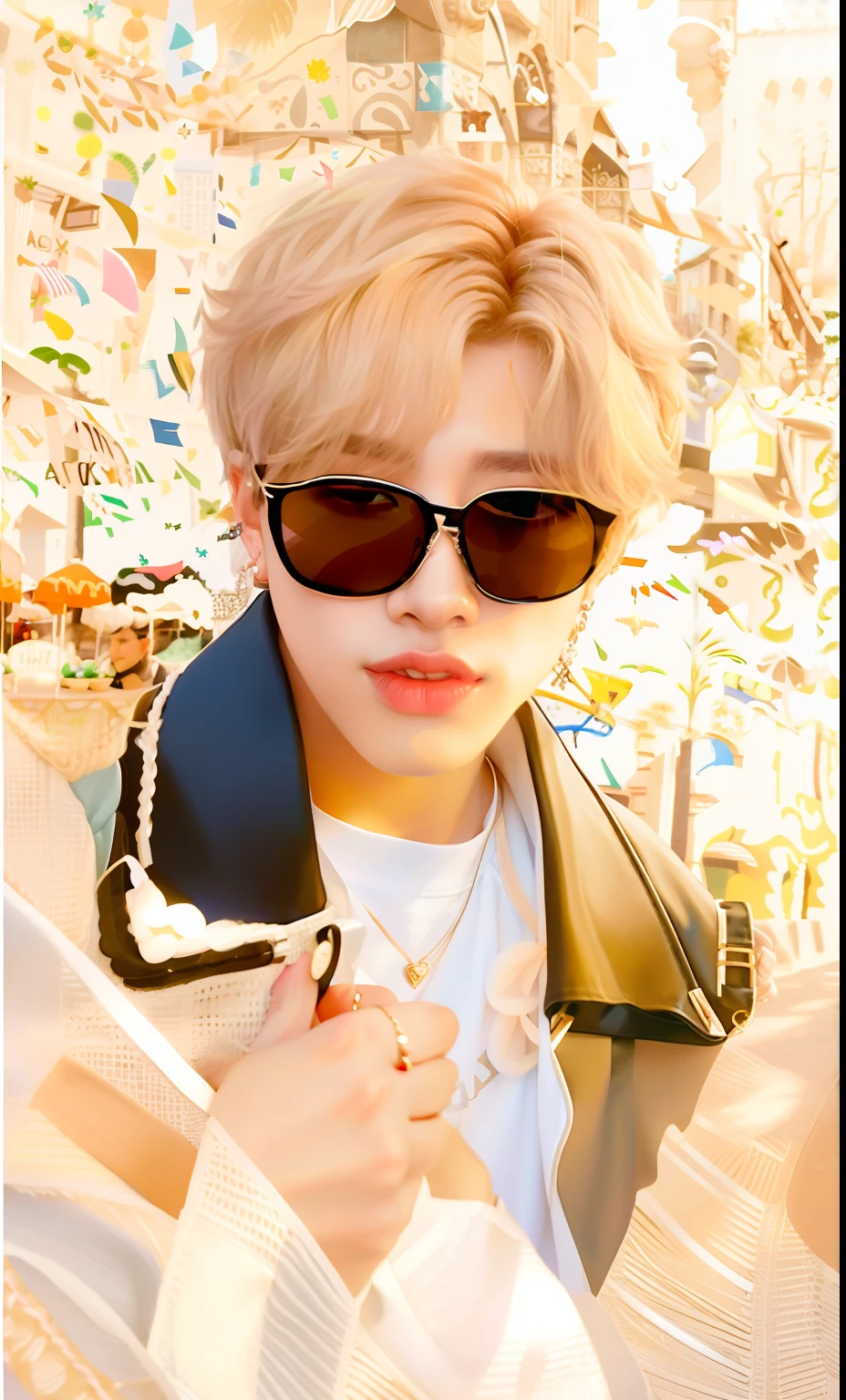 there is a woman wearing sunglasses and a white shirt, tiktok video, park jimin, jimin, tiktok, jung jaehyun, trending on tiktok, hyung tae, jia, with sunglass, tiktok 4 k uhd image, accurate jimin face, jungkook, jimin\'s grecian nose, cai xukun, taehyung eating gucci fries