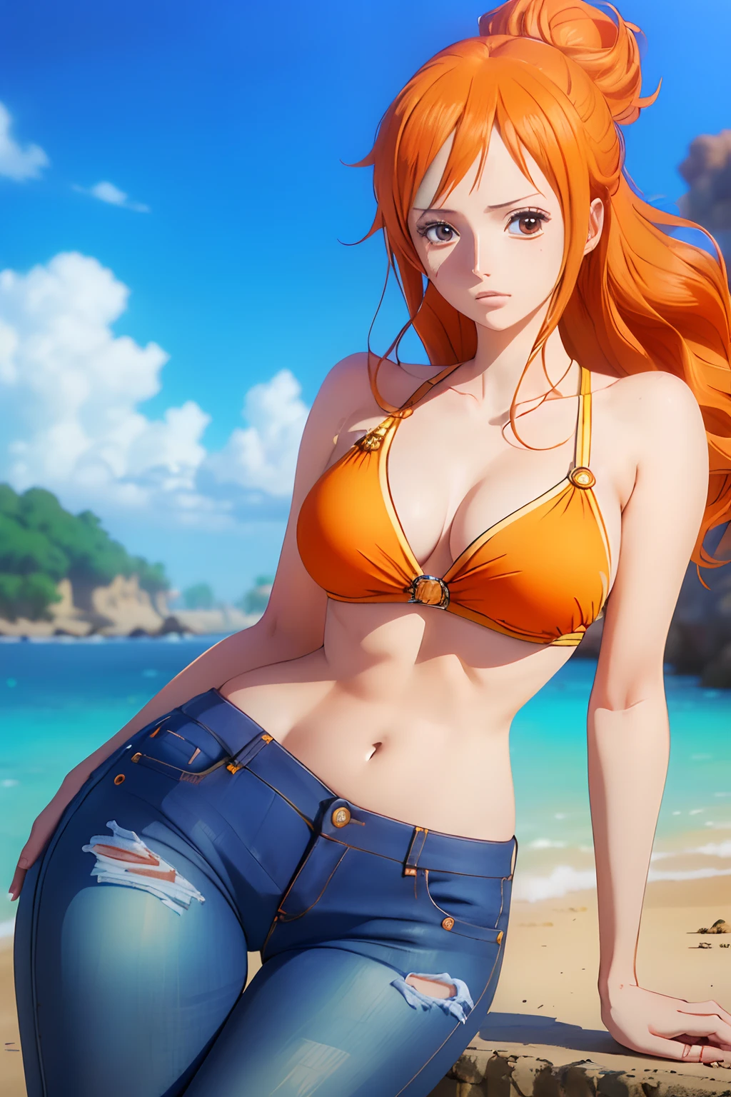 "((masutepiece)), Stunning quality, Intricate details, Portrayal of one woman, Flowing long orange hair, Wearing a bikini top, Highlight her rich curves, Decorated with jeans, Capturing the essence of Nami, Beloved characters of One Piece, With high-resolution touch (1.2)."