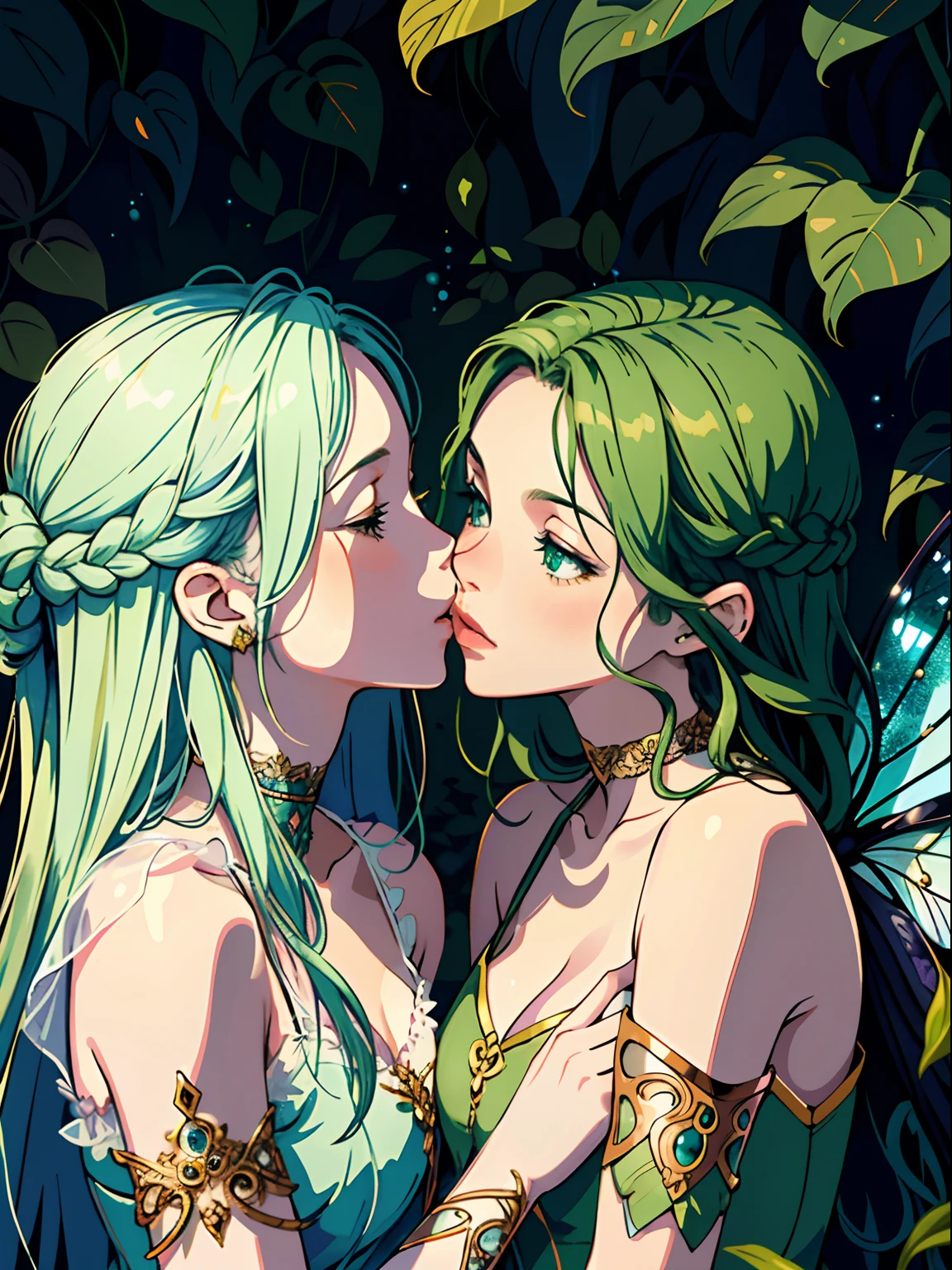 adesivo, fundo simples, portrait, 2 girls, couple, kissing, girl with long hair, beautiful fairy girl, fairy aesthetic, beautiful girl, very beautiful fantasy art, beautiful and elegant female fairy, beautiful detailed fantasy, green and blue color palate, green color-theme