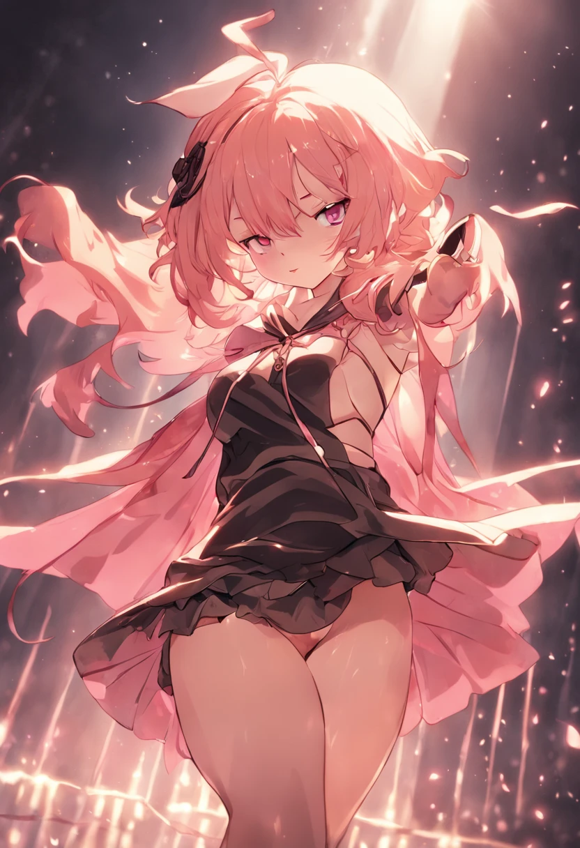 Best image quality full body detail golden ratio(Dramatic Lighting 0.7) Stunning High Angle RAW Photo、 Female students of the Academy of Magic(Silk Sexy Lingerie、 Rabbit eared hooded cape、 A pink-haired、 de pele branca、14years、short stature)、A sexy、 Glamour、Thigh thickness 、garter stocking、Low 、