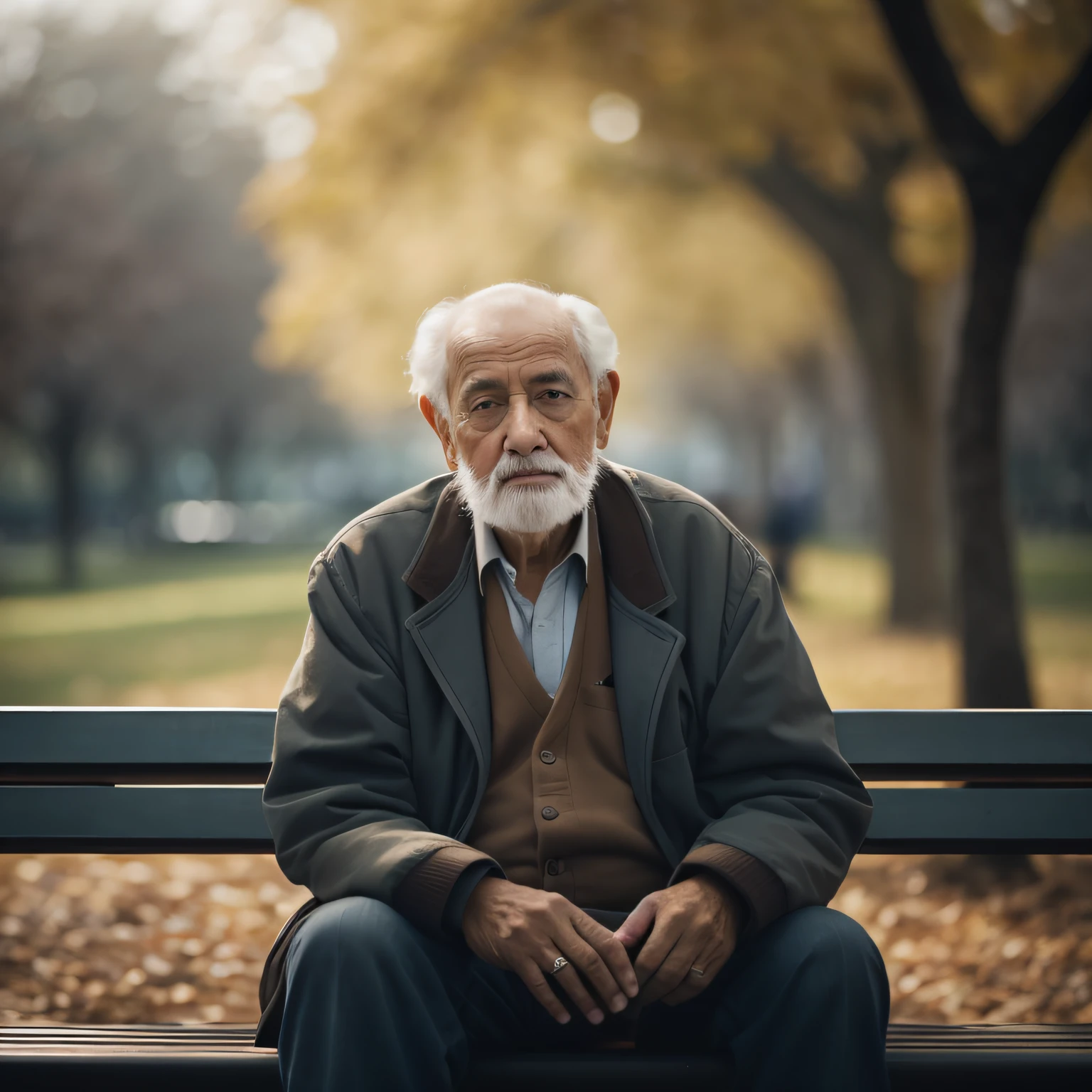 there is a man sitting on a bench in a park, foto do retrato de um homem velho, sentado em um banco de parque, um homem de 80 anos, Retrato de 50mm, retrato do homem velho, homem triste, 7 0 mm portrait, O olhar de um idoso, color photograph portrait 4k, Retrato de 60mm, cinematic portrayal, sentado em um banco