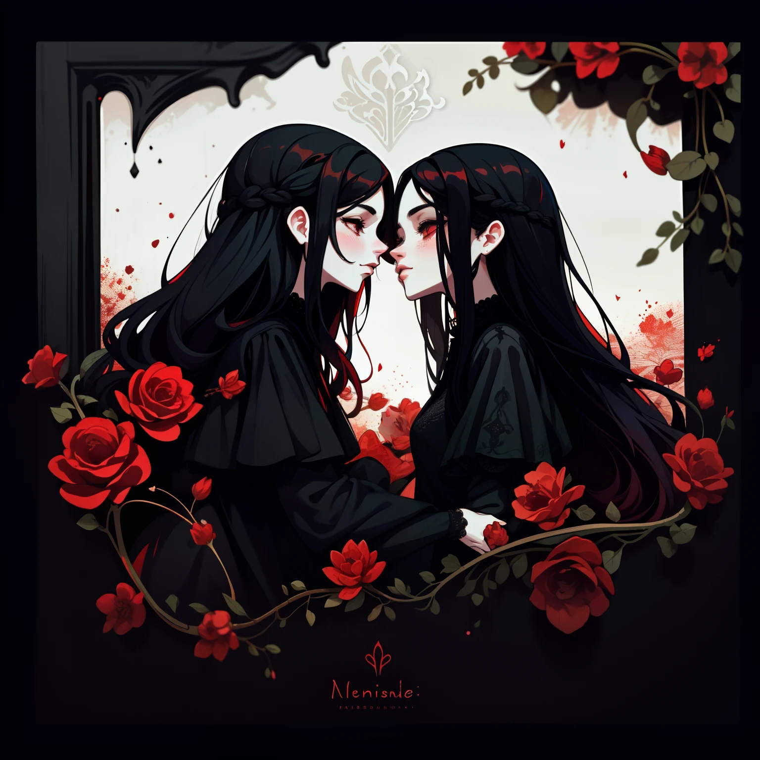 adesivo, fundo simples, portrait, 2 girls, couple, kissing, girl with long hair, beautiful gothic girl, gothic aesthetic, beautiful girl, very beautiful fantasy art, beautiful and elegant female gothic, beautiful detailed fantasy, black and red color palate, red color-theme