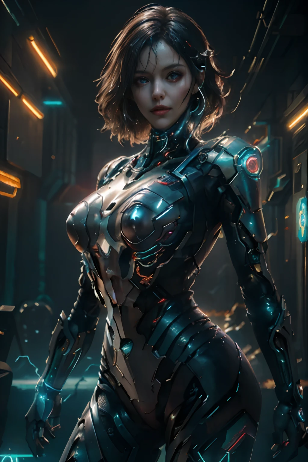 (Photorealistic:1.4) image of a cyber punk girl, (top-quality, 8K, 32K, masterpiece) , (dynamic pose), ((facing camera)), cowboy shot, shapeless hair, colorful hair, colorful cyberpunk combat armor,depth of field f/1.8, cyberpunk city background, cinematic lighting.