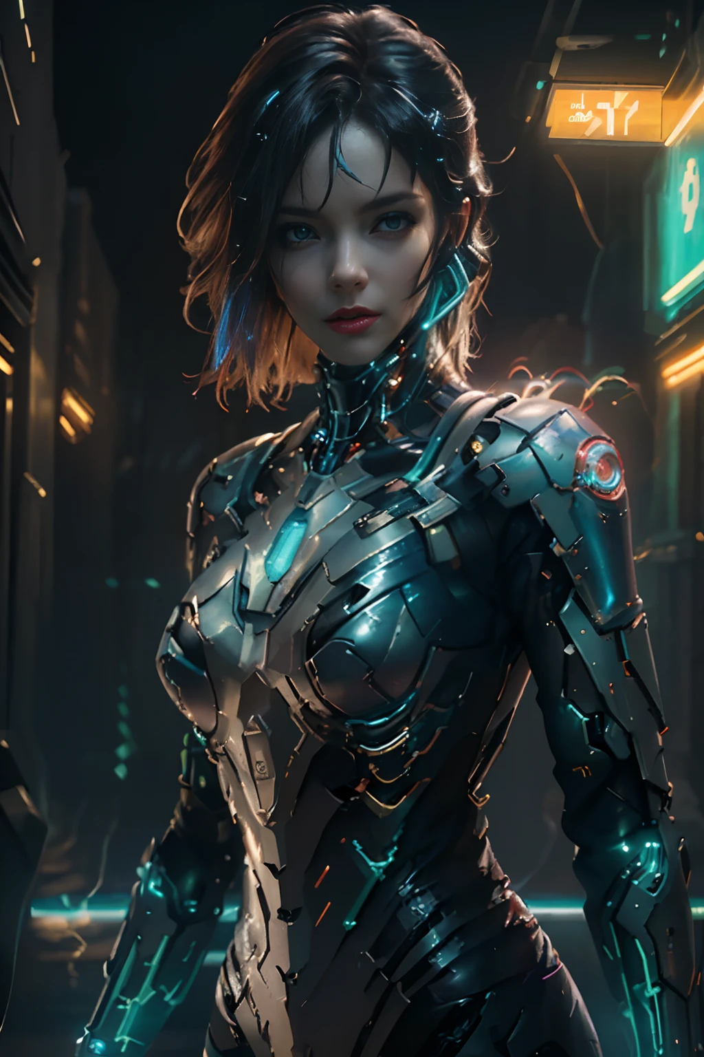 (Photorealistic:1.4) image of a cyber punk girl, (top-quality, 8K, 32K, masterpiece) , (dynamic pose), ((facing camera)), cowboy shot, shapeless hair, colorful hair, colorful cyberpunk combat armor,depth of field f/1.8, cyberpunk city background, cinematic lighting.