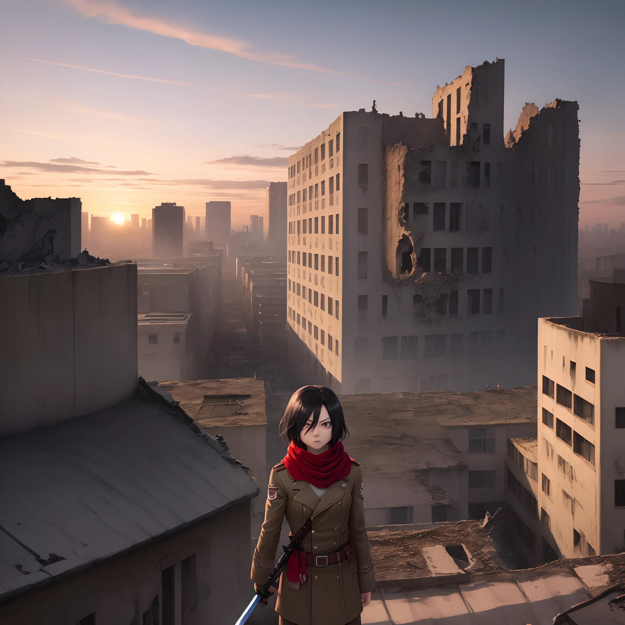 Mikasa Ackerman, 1 girl, black hair, red scarf, military uniform, standing on a rooftop, city ruins background, titan in distance, dusk, serious expression, holding dual swords, dynamic action shot