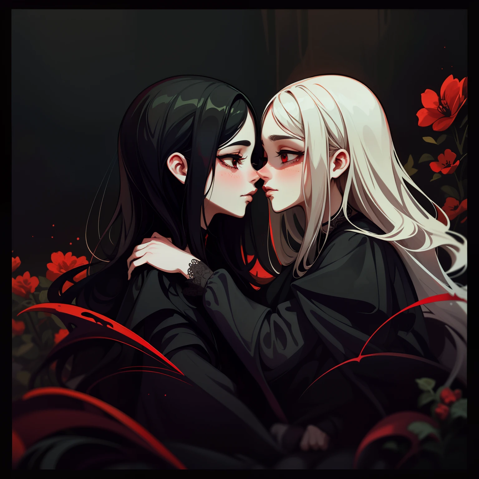 adesivo, fundo simples, portrait, 2 girls, couple, kissing, girl with long hair, beautiful gothic girl, gothic aesthetic, beautiful girl, very beautiful fantasy art, beautiful and elegant female gothic, beautiful detailed fantasy, black and red color palate, red color-theme