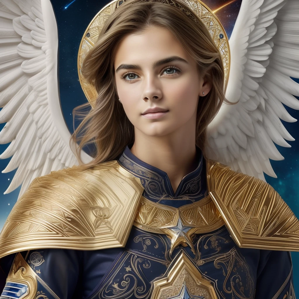 (((Holy GUARDIAN ANGEL. 19 years old))) ((( Con una cara seria y piadosa. Con una mirada dulce y tierna))) (obra maestra, calidad superior, mejor calidad, arte oficial, beautiful and aesthetic: 1.2), (1girl), extremadamente detallado, (Arte fractal: 1.3), colorido, highest detailed, Cara perfecta, parte superior del cuerpo, HDR, (orando: 1.3), (golden lines of white coat: 1.2), galaxia, (rayas de luz), eye-catching visuals, (dynamic stripes, senderos luminosos: 1.2), colores vibrantes,