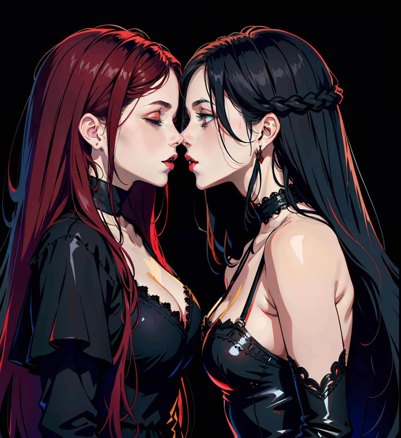 adesivo, fundo simples, portrait, 2 girls, couple, kissing, girl with long hair, beautiful gothic girl, gothic aesthetic, beautiful girl, very beautiful fantasy art, beautiful and elegant female gothic, beautiful detailed fantasy, black and red color palate, red color-theme