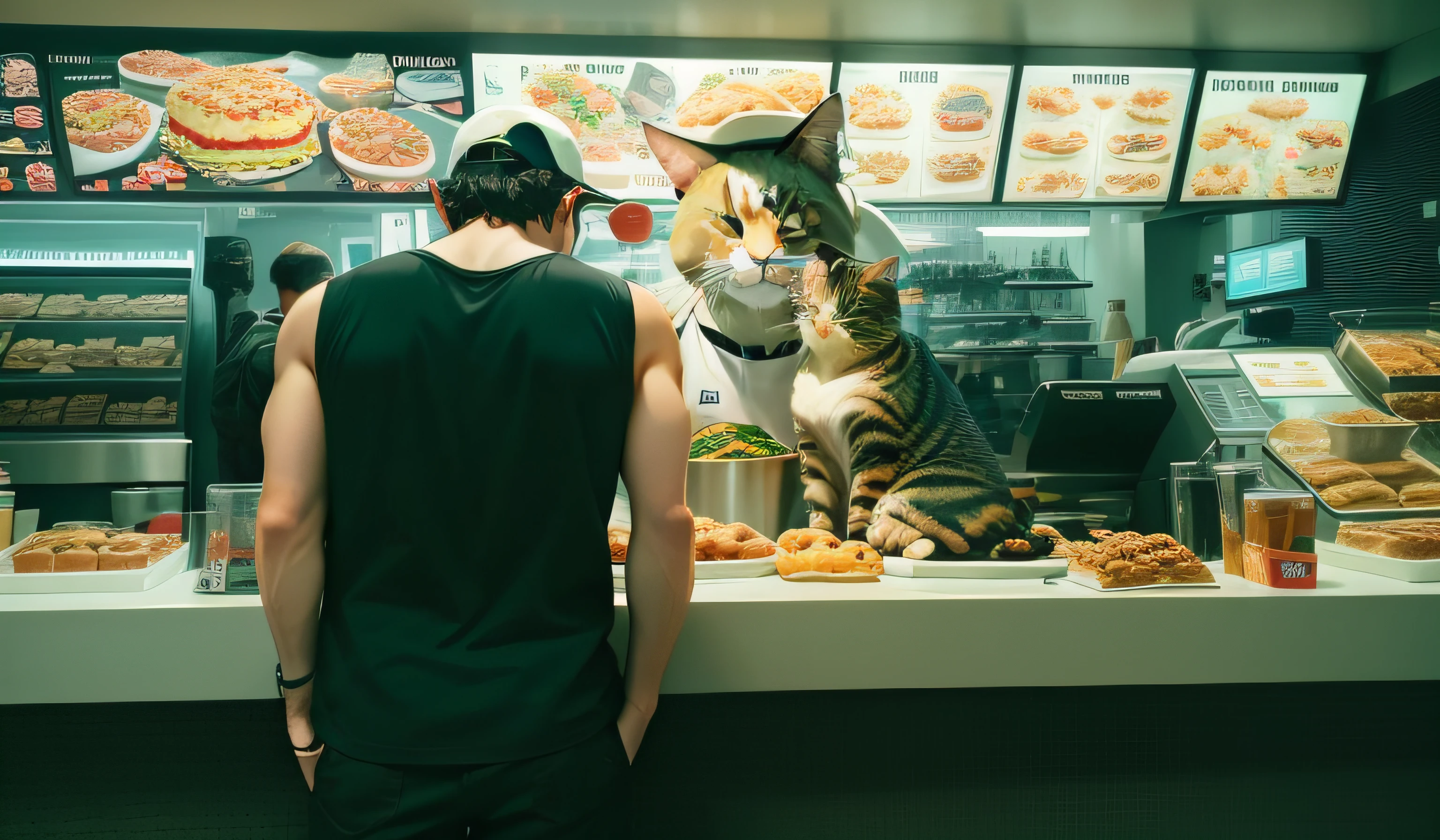 foreground: a boy hybrid with a cat wearing a tank top, flowered shorts, waiting for his lunch in front of an intergalactic fast food counter.
background: a smiling cat hybrid cook wearing a cook hat and a white apron.
setting: space fast food, planet shaped snacks, fast food tables, ambient sun lighting, raylight, 8k, super detailed, awesome atmosphere