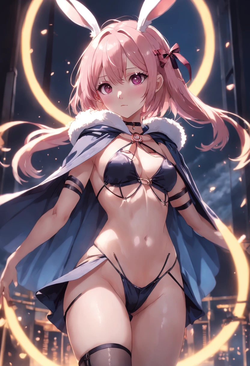 Best image quality full body detail golden ratio(Dramatic Lighting 0.7) Stunning High Angle RAW Photo、 Female students of the Academy of Magic(Silk Sexy Lingerie、 Rabbit eared hooded cape、 A pink-haired、 de pele branca、years、Short stature)、A sexy、 Glamour、Thigh thickness 、garter stocking、Low Teen、