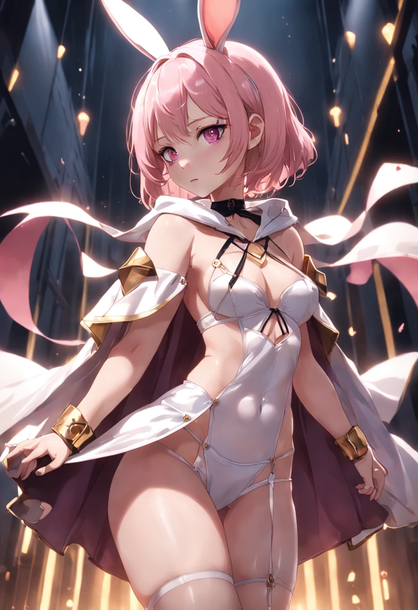 Best image quality full body detail golden ratio(Dramatic Lighting 0.7) Stunning High Angle RAW Photo、 Female students of the Academy of Magic(Silk Sexy Lingerie、 Rabbit eared hooded cape、 A pink-haired、 de pele branca、14years、Short stature)、A sexy、 Glamour、Thigh thickness 、garter stocking、Low Teen、