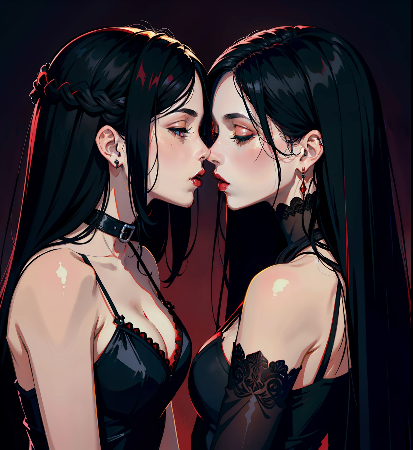 adesivo, fundo simples, portrait, 2 girls, couple, kissing, girl with long hair, beautiful gothic girl, gothic aesthetic, beautiful girl, very beautiful fantasy art, beautiful and elegant female gothic, beautiful detailed fantasy, black and red color palate, red color-theme